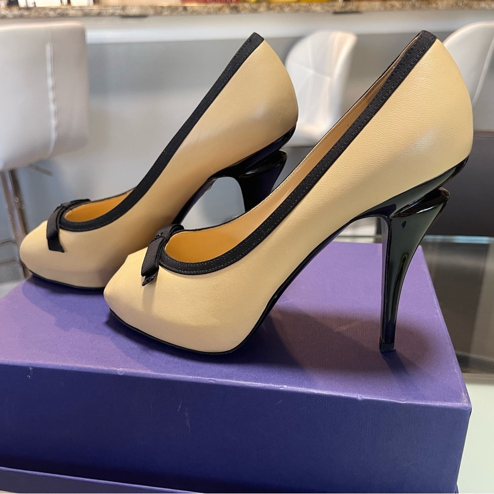 CHANEL Cream and Black Peep-Toe Heels